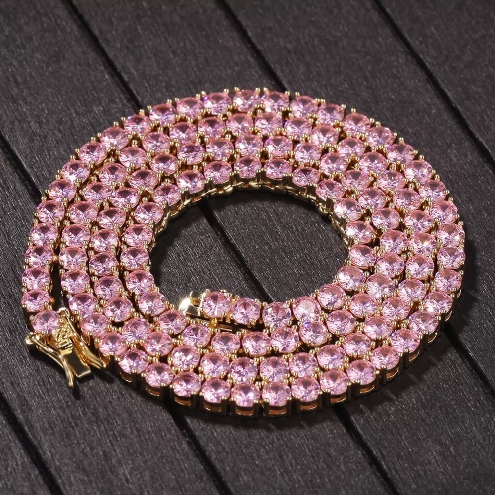 18 K gold plated pink tennis necklace , 5mm pink tennis